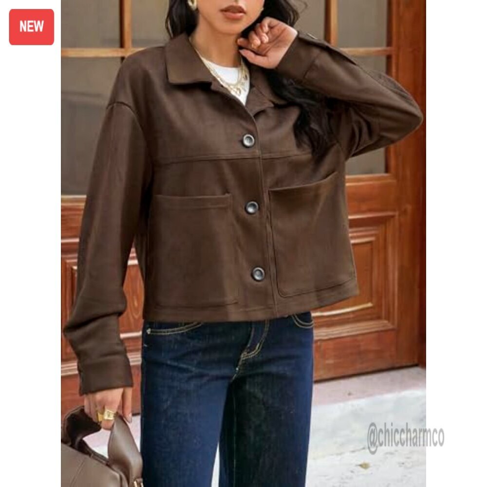 Cropped Faux Suede Jacket Lapel Collar Button Down Casual Vintage Shacket - Picture 5 of 6